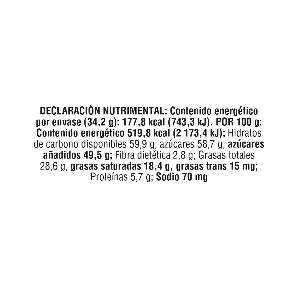 Tabla nutricional de muestra del producto